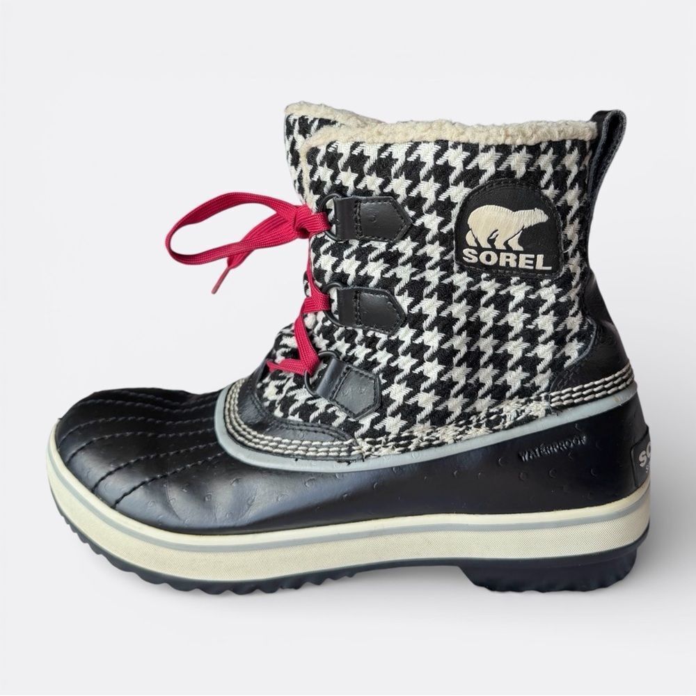 Sorel Tofino Houndstooth Waterproof Snow Boots Women 9 Black White Red Lace - Picture 2 of 10
